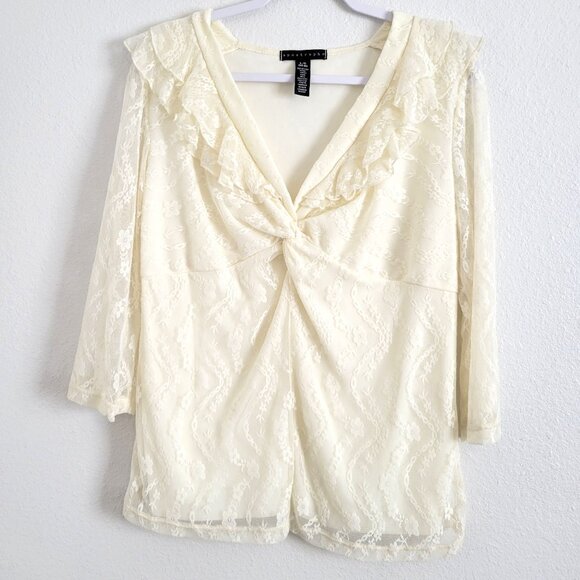 Apostrophe Tops - Apostrophe Womens Top Ivory Lace Sleeveless Ruched V Neck Lined Pleated Sz L